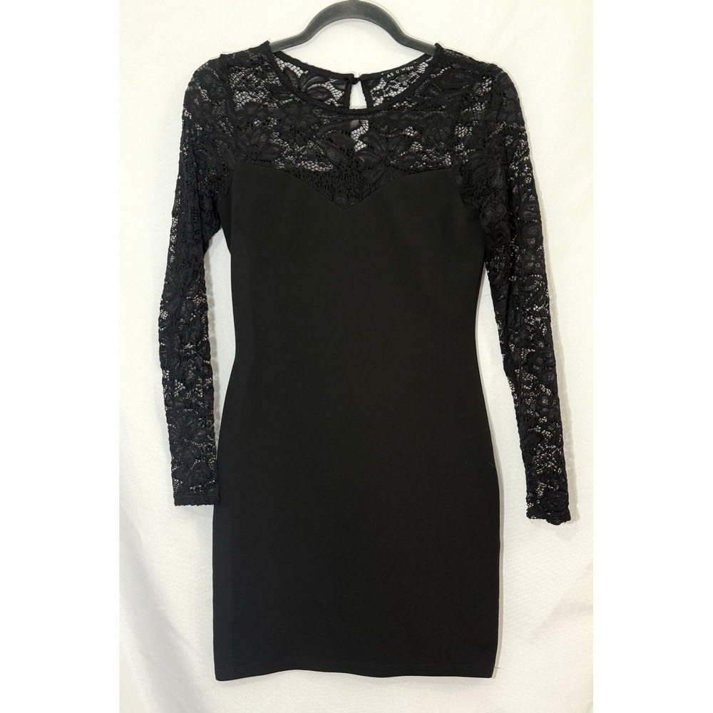 AUW As You Wish Black‎ Lace Yoke Long Sleeve Mini Dress Womens Size S Bodycon